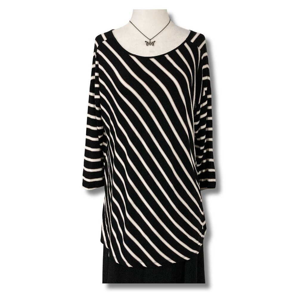CABLE & GAUGE Black white beige diagonal striped 3/4th sleeve shirt MEDIUM LARGE